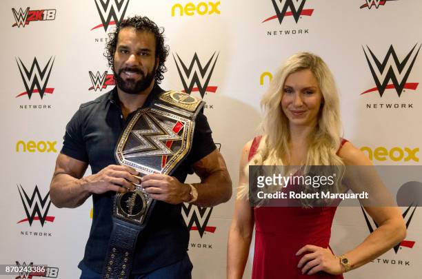 Jinder Mahal and Charlotte Flair attend a press conference for 'WWE' at the Hotel Four Points on November 4, 2017 in Barcelona, Spain.