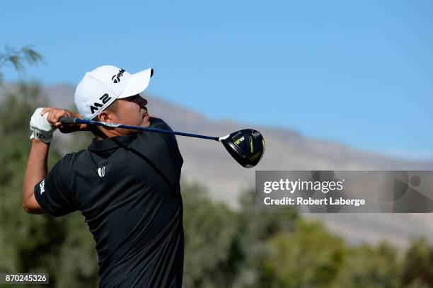 John Huh hits his tee shot on the second hole during the third round of the Shriners Hospitals For Children Open at the TPC Summerlin on November 4,...