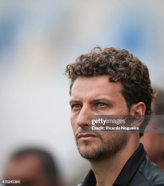 Elano headcoach of Santos during the national anthem prior before the match between Santos and Atletico Mineiro as a part of Campeonato Brasileiro...