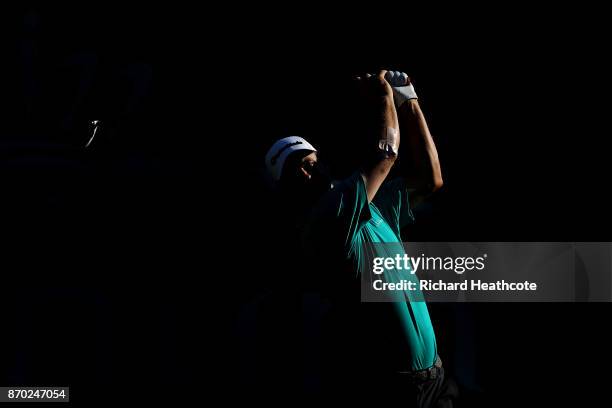 Justin Rose of England in action during the second round of the Turkish Airlines Open at the Regnum Carya Golf & Spa Resort on November 3, 2017 in...