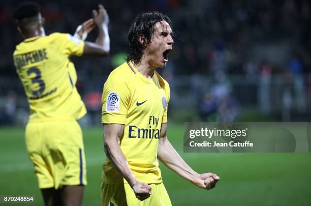 Edinson Cavani of PSG celebrates his second goal during the French Ligue 1 match between Angers SCO and Paris Saint Germain at Stade Raymond Kopa on...