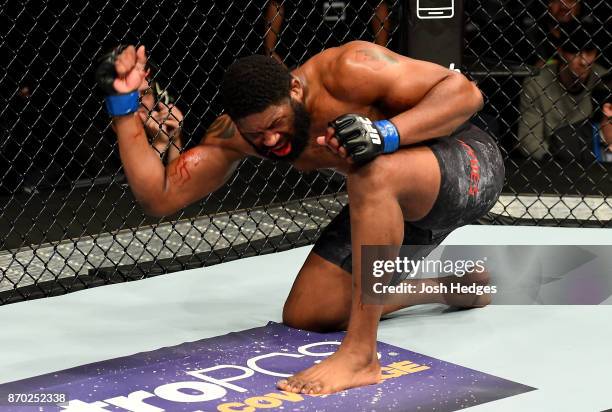 Curtis Blaydes reacts after defeating Aleksei Oleinik of Russia in their heavyweight bout during the UFC 217 event at Madison Square Garden on...
