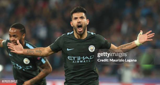 Sergio Aguero of Manchester City celebrates during the UEFA Champions League group F match between SSC Napoli and Manchester City at Stadio San Paolo...