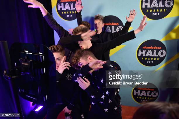 Daniel Seavey, Corbyn Besson, Jonah Marais, Zach Herron, Jack Avery of Why Don't We pose backstage at the 2017 Nickelodeon HALO Awards at Pier 36 on...