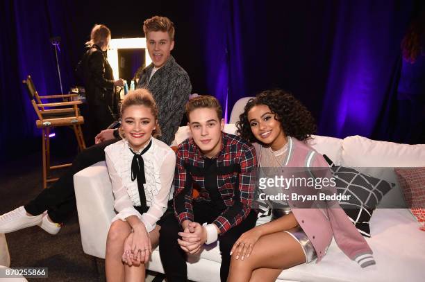 Lizzy Greene, Owen Joyner, Ricardo Hurtado and Daniella Perkins pose backstage at the 2017 Nickelodeon HALO Awards at Pier 36 on November 4, 2017 in...