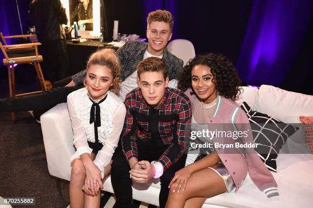 Lizzy Greene, Owen Joyner, Ricardo Hurtado and Daniella Perkins pose backstage at the 2017 Nickelodeon HALO Awards at Pier 36 on November 4, 2017 in...