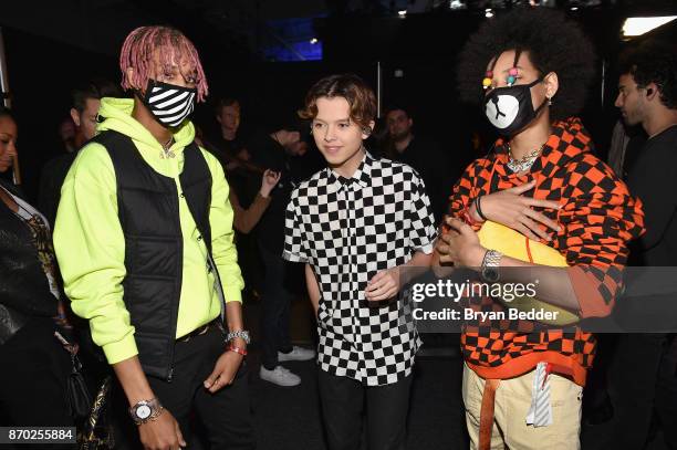 Jacob Sartorius with AYO & TEO pose backstage at the 2017 Nickelodeon HALO Awards at Pier 36 on November 4, 2017 in New York City.