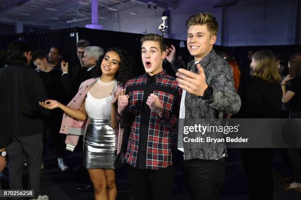 Daniella Perkins, Ricardo Hurtado and Owen Joyner pose backstage at the 2017 Nickelodeon HALO Awards at Pier 36 on November 4, 2017 in New York City.