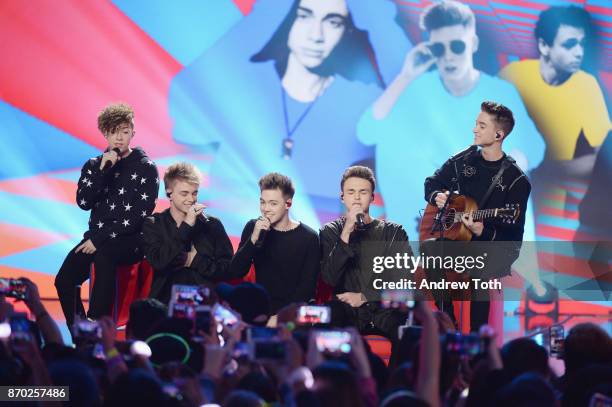 Daniel Seavey, Corbyn Besson, Jonah Marais, Zach Herron, Jack Avery of Why Don't We perform on stage at the 2017 Nickelodeon HALO Awards at Pier 36...