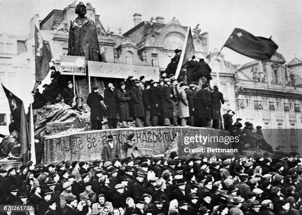 Here is a section of the crowd that gathered to listen to Czech communist Premier Klement Gottwald fire the opening gun of his campaign to lower the...