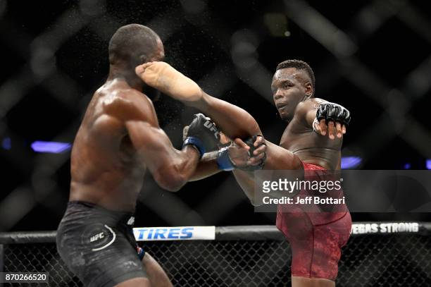 Ovince Saint Preux knocks out Corey Anderson with a kick to the head in their light heavyweight bout during the UFC 217 event at Madison Square...