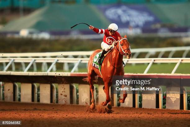 Gun Runner ridden by Florent Geroux wins the Breeders' Cup Classic on day two of the 2017 Breeders' Cup World Championship at Del Mar Race Track on...