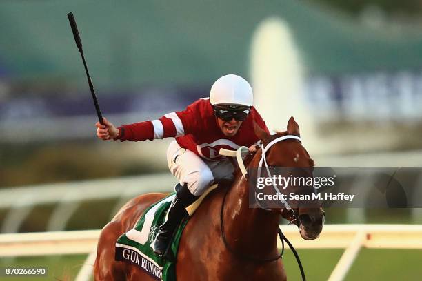 Gun Runner ridden by Florent Geroux wins the Breeders' Cup Classic on day two of the 2017 Breeders' Cup World Championship at Del Mar Race Track on...