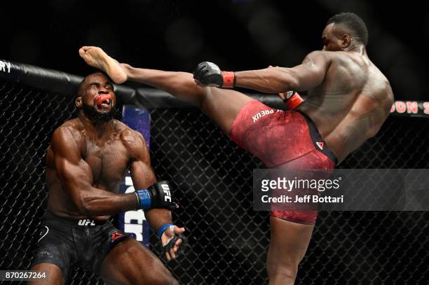 Ovince Saint Preux kicks Corey Anderson in their light heavyweight bout during the UFC 217 event at Madison Square Garden on November 4, 2017 in New...