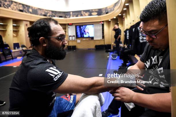 Johny Hendricks gets his hands wrapped backstage during the UFC 217 event inside Madison Square Garden on November 4, 2017 in New York City.