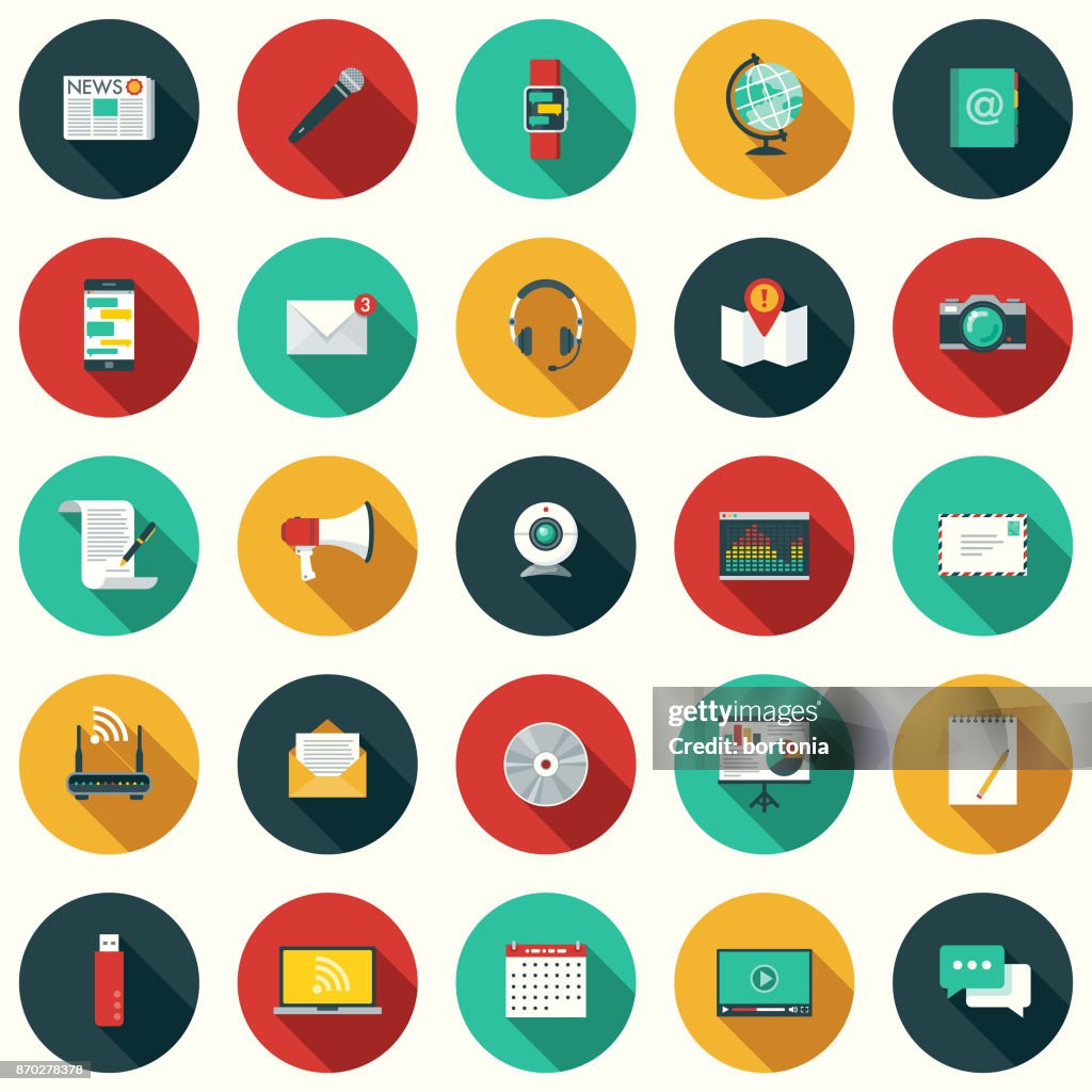 Conjunto de iconos de comunicaciones de diseño plano con sombra lateral