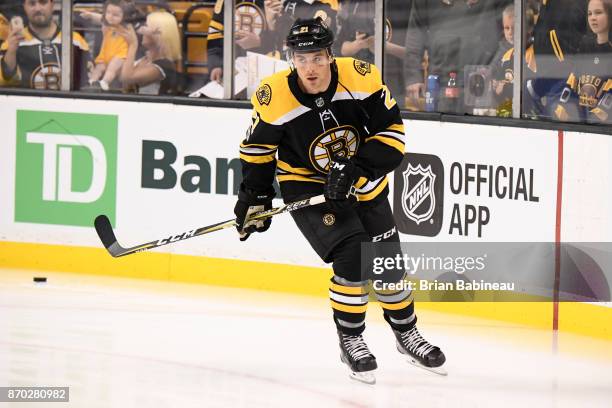 Jordan Szwarz of the Boston Bruins skates during warm ups against the Vegas Golden Knights at the TD Garden on November 2, 2017 in Boston,...