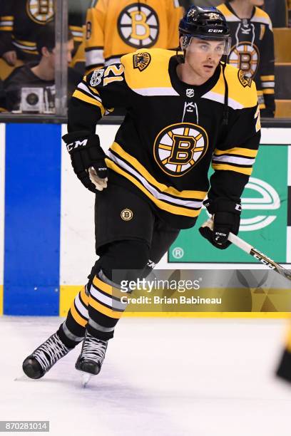 Jordan Szwarz of the Boston Bruins skates during warmups against the Vegas Golden Knights at the TD Garden on November 2, 2017 in Boston,...