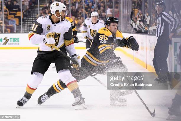 Matt Beleskey of the Boston Bruins skates for the puck against the Vegas Golden Knights at the TD Garden on November 2, 2017 in Boston, Massachusetts.