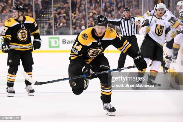 Paul Postma of the Boston Bruins skates for the puck against the Vegas Golden Knights at the TD Garden on November 2, 2017 in Boston, Massachusetts.