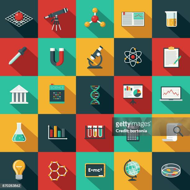 flaches design science & technologie-icon-set mit seite schatten - science math stock-grafiken, -clipart, -cartoons und -symbole