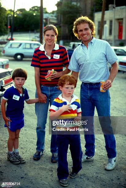 Joseph P Kennedy 2nd with his wife Sheila and two children Matthew and Joseph campaign in the suburbs. May 2, 1986 Boston, Massachusetts