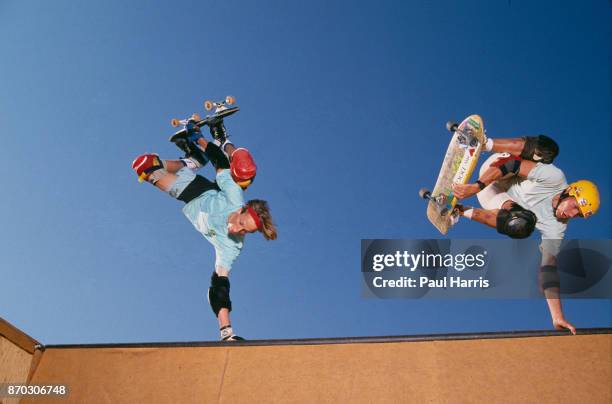 Tony Hawk, left 18 years old practices in his back yard on one of the ramps he built for his friends and himself. In 1986 he was making in excess of...
