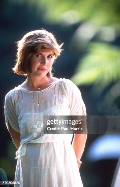 Carrie Fisher at home in Bel Air, she stands in the garden May 26, 1987 Bel Air, California