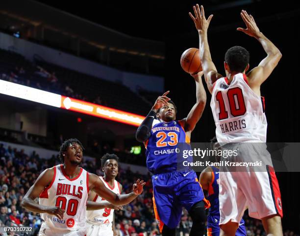 Trey Burke of the Westchester Knicks goes to the basket against Tyler Harris of the Windy City Bulls during the first half of an NBA G-League game on...