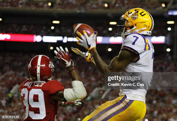 Chark of the LSU Tigers pulls in this reception against Levi Wallace of the Alabama Crimson Tide at Bryant-Denny Stadium on November 4, 2017 in...