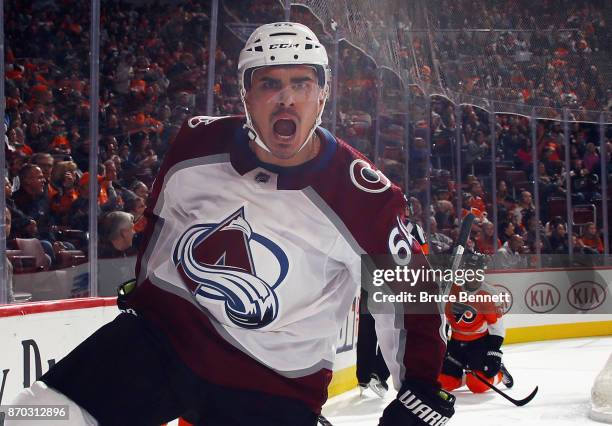 Nail Yakupov of the Colorado Avalanche celebrates his goal at 5:37 of the third period against the Philadelphia Flyers at the Wells Fargo Center on...