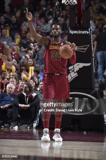 Jeff Green of the Cleveland Cavaliers handles the ball during the game against the Indiana Pacers on November 1, 2017 at Quicken Loans Arena in...