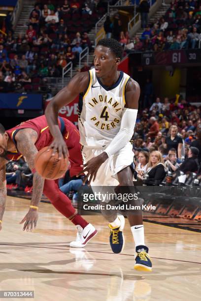 Victor Oladipo of the Indiana Pacers handles the ball during the game against the Cleveland Cavaliers on November 1, 2017 at Quicken Loans Arena in...