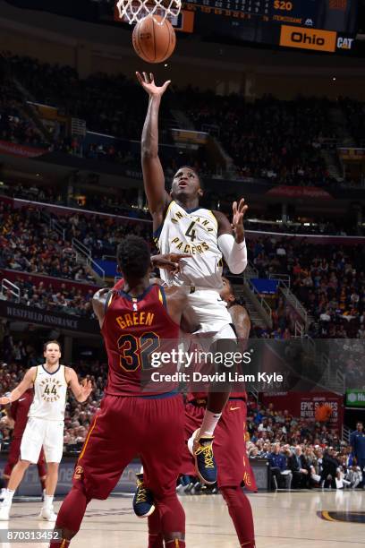 Victor Oladipo of the Indiana Pacers shoots the ball during the game against the Cleveland Cavaliers on November 1, 2017 at Quicken Loans Arena in...