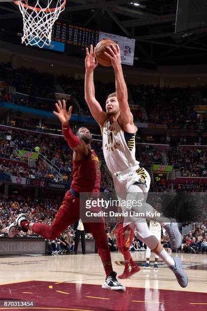 Domantas Sabonis of the Indiana Pacers shoots the ball during the game against the Cleveland Cavaliers on November 1, 2017 at Quicken Loans Arena in...