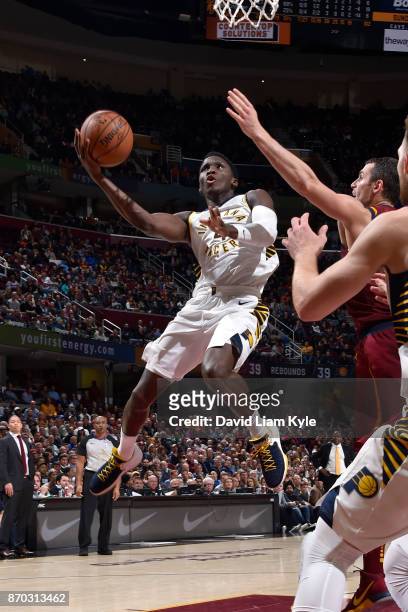 Victor Oladipo of the Indiana Pacers shoots the ball during the game against the Cleveland Cavaliers on November 1, 2017 at Quicken Loans Arena in...