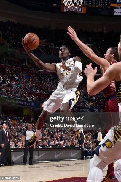 Victor Oladipo of the Indiana Pacers shoots the ball during the game against the Cleveland Cavaliers on November 1, 2017 at Quicken Loans Arena in...