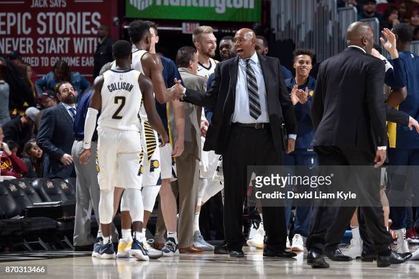 Head Coach Nate McMillan of the Indiana Pacers reacts after the game against the Cleveland Cavaliers on November 1, 2017 at Quicken Loans Arena in...
