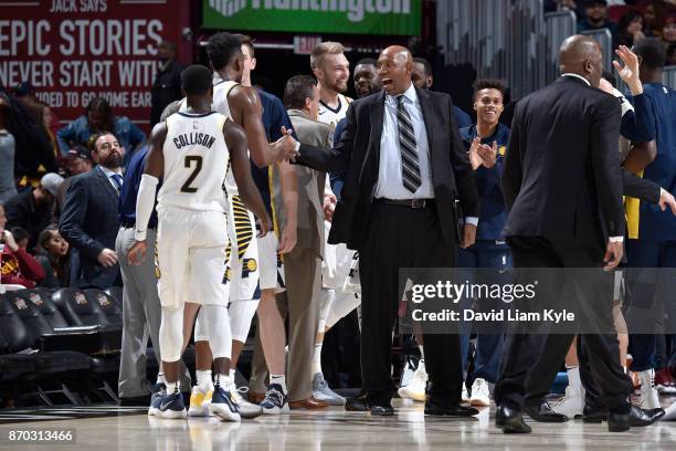 Head Coach Nate McMillan of the Indiana Pacers reacts after the game against the Cleveland Cavaliers on November 1, 2017 at Quicken Loans Arena in...