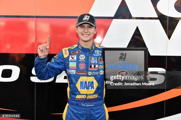 Todd Gilliland, driver of the NAPA Auto Parts Toyota, poses with the pole award after qualifying for the NASCAR K&N Pro Series West Coast Stock Car...