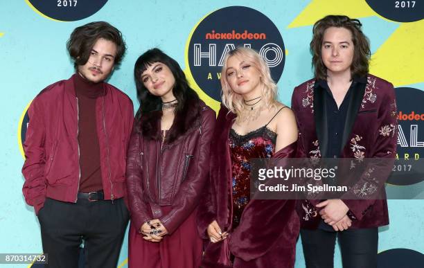Iain Shipp, Nia Lovelis, singer Rena Lovelis and Casey Moreta from Hey Violet attend the Nickelodeon Halo Awards 2017 at Pier 36 on November 4, 2017...