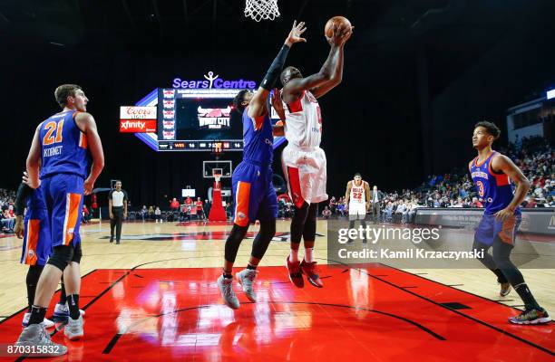 Jaylen Johnson of the Windy City Bulls goes to the basket against Isaiah Hicks of the Westchester Knicks during the first half of an NBA G-League...
