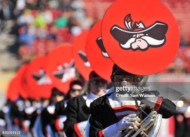 Members of the UNLV Rebels marching band perform before the team's game against the Hawaii Warriors at Sam Boyd Stadium on November 4, 2017 in Las...