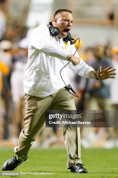 Head coach Butch Jones of the Tennessee Volunteers reacts against the Southern Miss Golden Eagles during the second half at Neyland Stadium on...