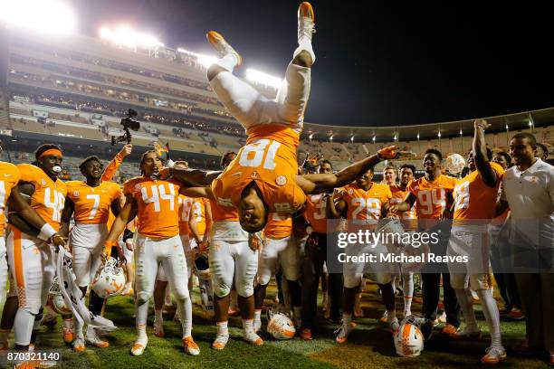 Nigel Warrior of the Tennessee Volunteers does a flip while celebrating after defeating the Southern Miss Golden Eagles at Neyland Stadium on...