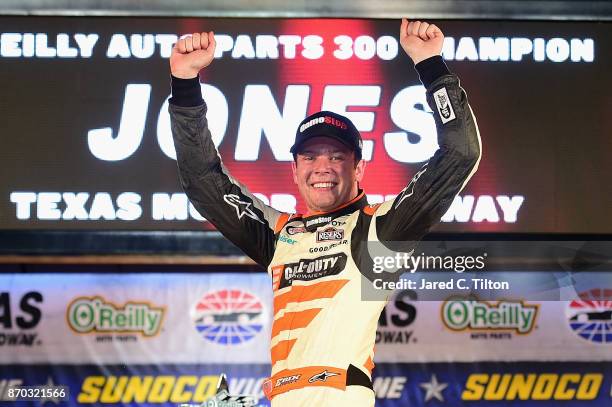 Erik Jones, driver of the GameStop/Call of Duty WWII Toyota, celebrates in Victory Lane after winning the NASCAR XFINITY Series O'Reilly Auto Parts...