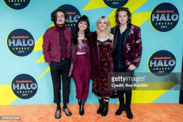 Iain Shipp, Nia Lovelis, singer Rena Lovelis and Casey Moreta of Hey Violet attend the 2017 Nickelodeon Halo Awards at Pier 36 on November 4, 2017 in...