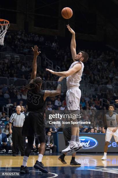 Butler Bulldogs center Nate Fowler shoots over Lincoln Memorial Rail Splitters forward Emanuel Terry during the men's college basketball exhibition...