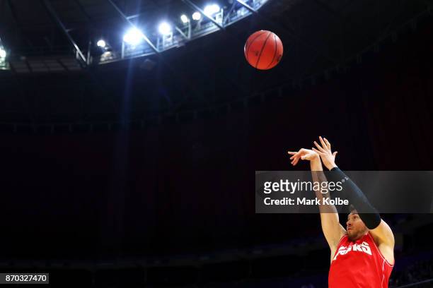 Rotnei Clarke of the Hawks shoots during the warm-up before the round five NBL match between the Sydney Kings and the Illawarra Hawks at Qudos Bank...