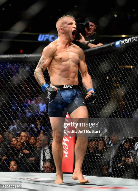 Dillashaw reacts during his UFC bantamweight championship bout against Cody Garbrandt during the UFC 217 event at Madison Square Garden on November...